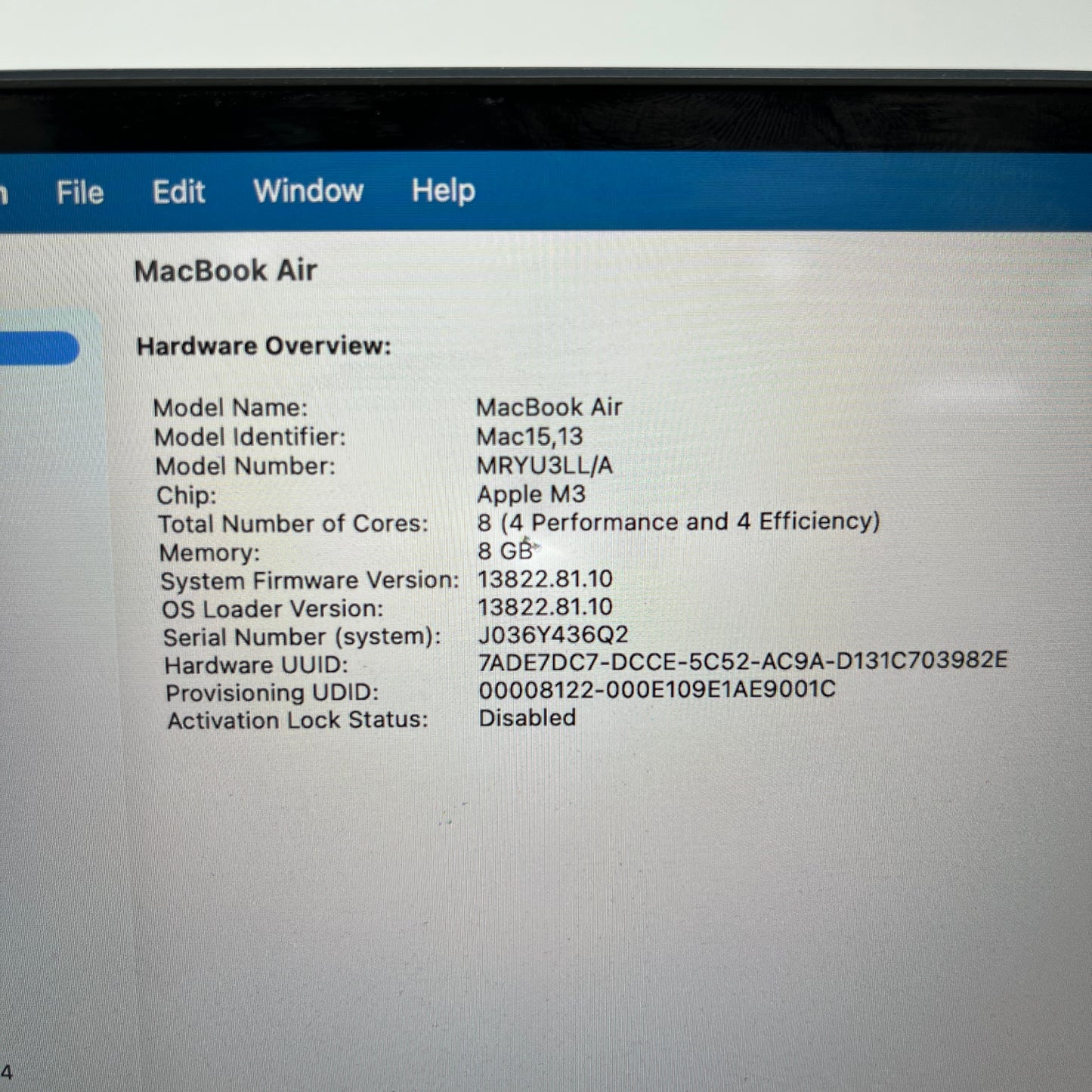 2024 Apple MacBook Air 15" M3 10C GPU 4.0GHz 8GB RAM 256GB SSD MRYU3LL/A