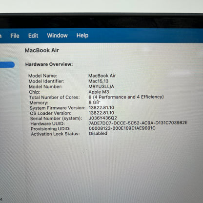 2024 Apple MacBook Air 15" M3 10C GPU 4.0GHz 8GB RAM 256GB SSD MRYU3LL/A