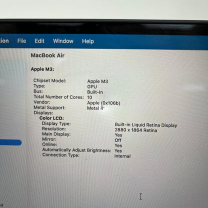 2024 Apple MacBook Air 15" M3 10C GPU 4.0GHz 8GB RAM 256GB SSD MRYU3LL/A