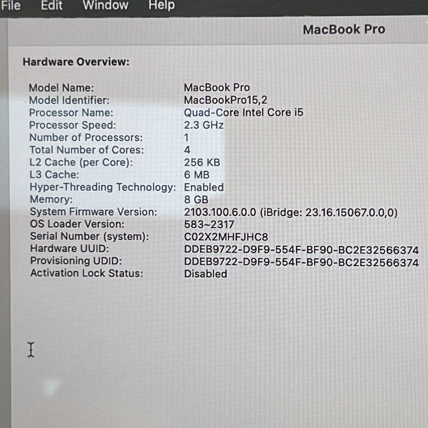 2018 Apple MacBook Pro 13.3" i5 2.3GHz 8GB RAM 250GB SSD Silver A1989