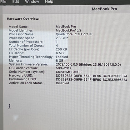 2018 Apple MacBook Pro 13.3" i5 2.3GHz 8GB RAM 250GB SSD Silver A1989