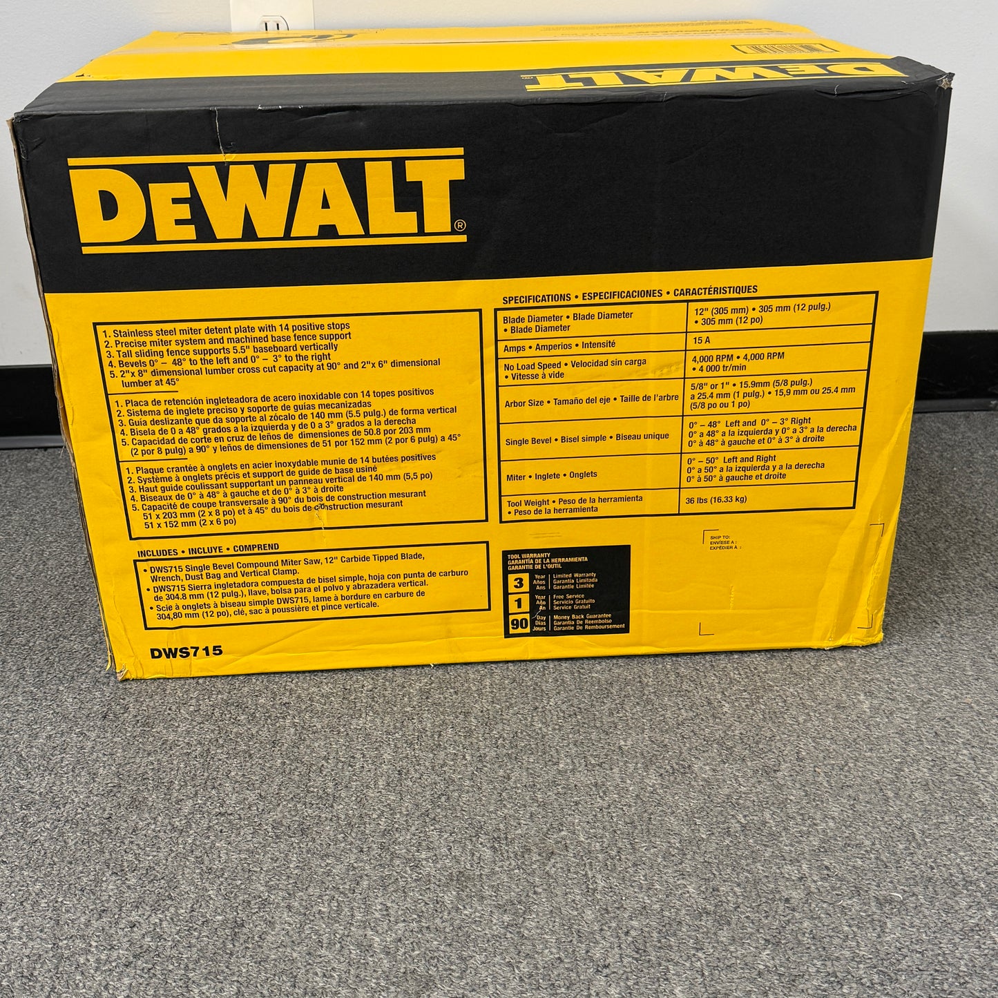 New DeWalt DWS715 120V 12" (305mm) Single Bevel Compound Miter Saw