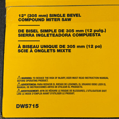 New DeWalt DWS715 120V 12" (305mm) Single Bevel Compound Miter Saw