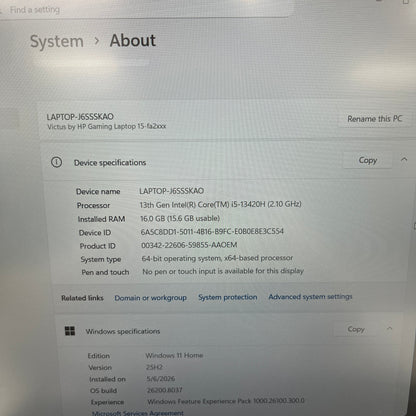 HP Victus J6SSSKAO 15.6" i5-13420H 2.1GHz 16GB RAM 512GB SSD GeForce RTX 4050