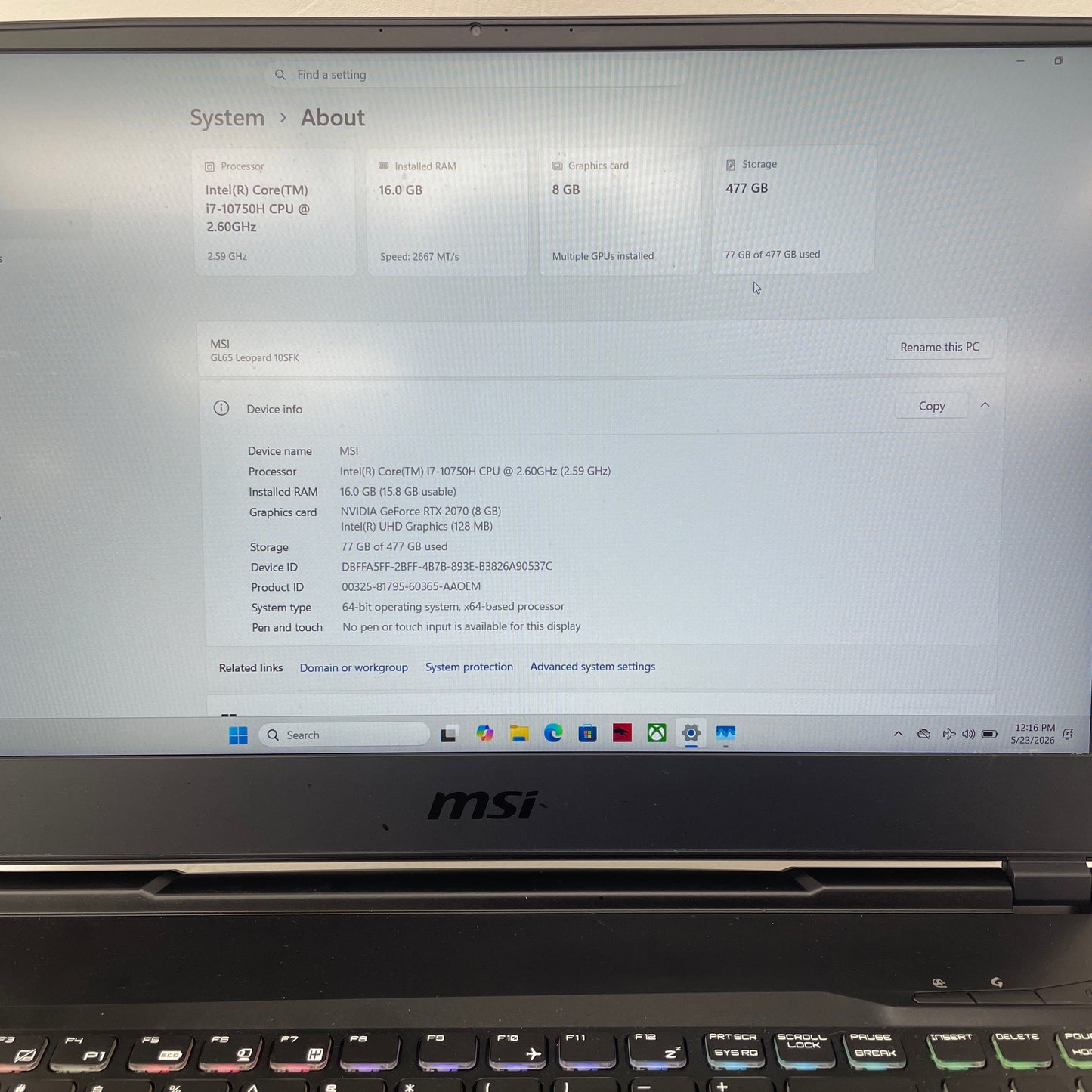 MSI Leopard GL65 MS-16U7 15.6" i7-10750H 2.6GHz 16GB RAM 512GB SSD GeForce RTX 