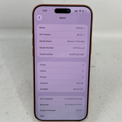 Factory Unlocked Apple iPhone 17 Pro Max 256GB Cosmic Orange MFXH4LL/A