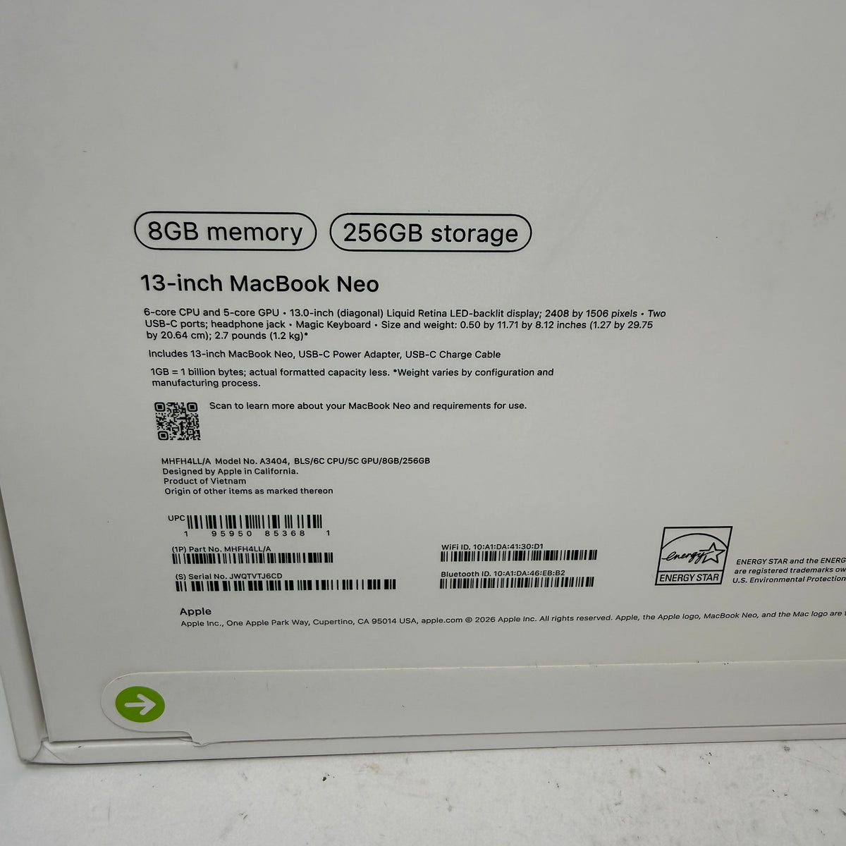 2026 Apple MacBook Neo 13" A18 Pro 5C GPU 4.0GHz 8GB RAM 256GB SSD MHFH4LL/A