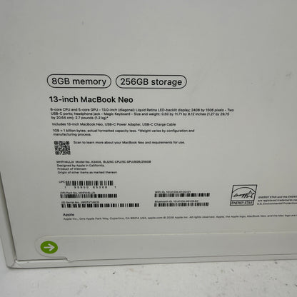 2026 Apple MacBook Neo 13" A18 Pro 5C GPU 4.0GHz 8GB RAM 256GB SSD MHFH4LL/A
