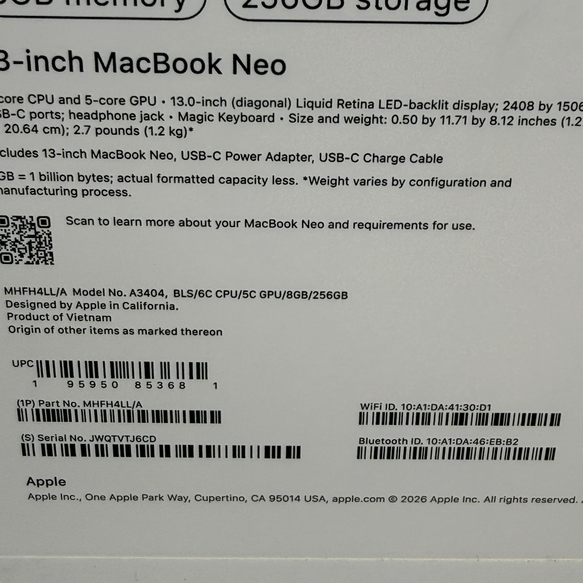 2026 Apple MacBook Neo 13" A18 Pro 5C GPU 4.0GHz 8GB RAM 256GB SSD MHFH4LL/A