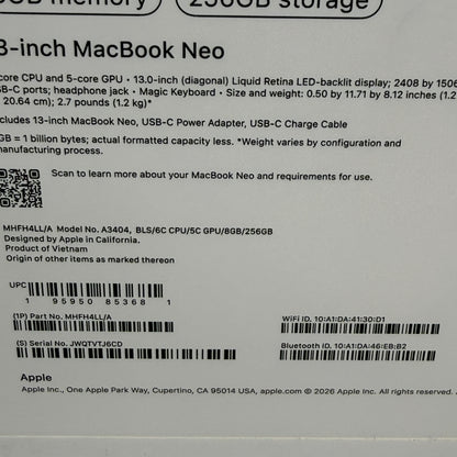 2026 Apple MacBook Neo 13" A18 Pro 5C GPU 4.0GHz 8GB RAM 256GB SSD MHFH4LL/A