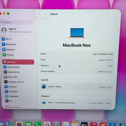 2026 Apple MacBook Neo 13" A18 Pro 5C GPU 4.0GHz 8GB RAM 256GB SSD MHFH4LL/A