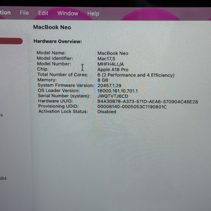 2026 Apple MacBook Neo 13" A18 Pro 5C GPU 4.0GHz 8GB RAM 256GB SSD MHFH4LL/A