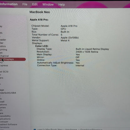 2026 Apple MacBook Neo 13" A18 Pro 5C GPU 4.0GHz 8GB RAM 256GB SSD MHFH4LL/A