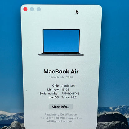 2025 Apple MacBook Air 15" M4 10C GPU 4.5GHz 16GB RAM 256GB SSD A3241