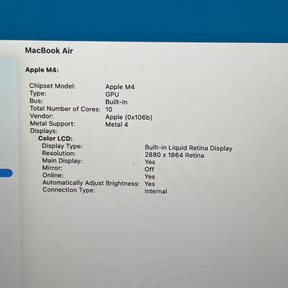 2025 Apple MacBook Air 15" M4 10C GPU 4.5GHz 16GB RAM 256GB SSD A3241
