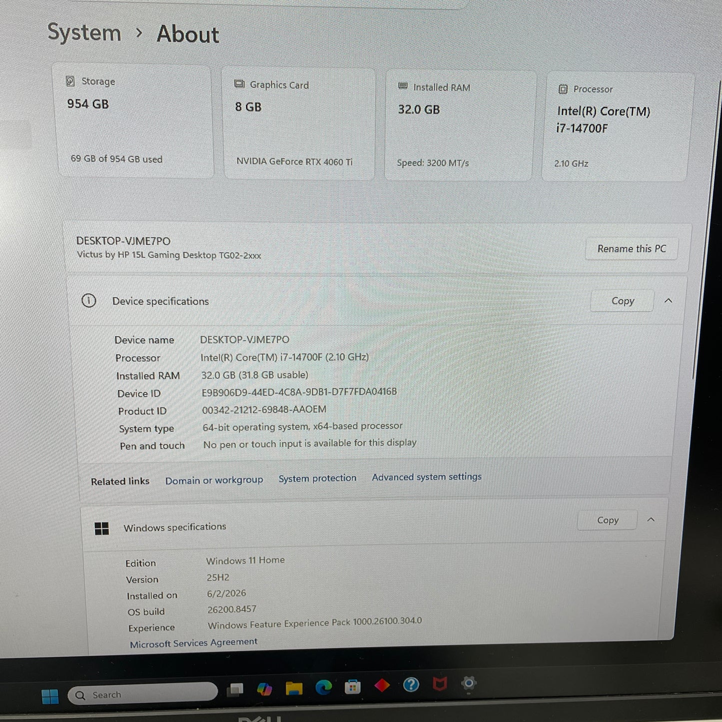 HP Victus 15L VJME7PO Core i7-14700F 2.10GHz 32GB RAM 1TB SSD GeForce RTX 4060 
