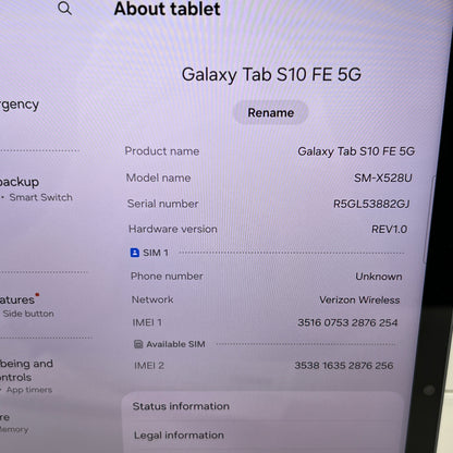 Verizon Samsung Galaxy Tab S10 FE 5G 10.9" 128GB Gray SM-X528U