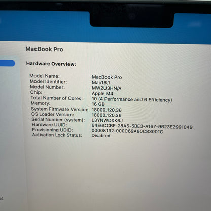 2024 Apple MacBook Pro 14" M4 10 Core 4.5GHz 16GB RAM 512GB SSD MW2U3HN/A