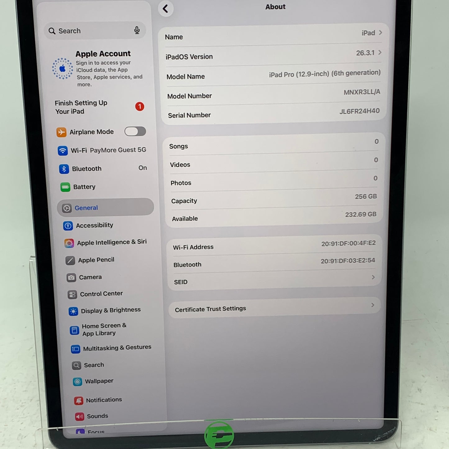 WiFi Only Apple iPad Pro 12.9" 6th Gen 256GB Space Gray MNXR3LL/A